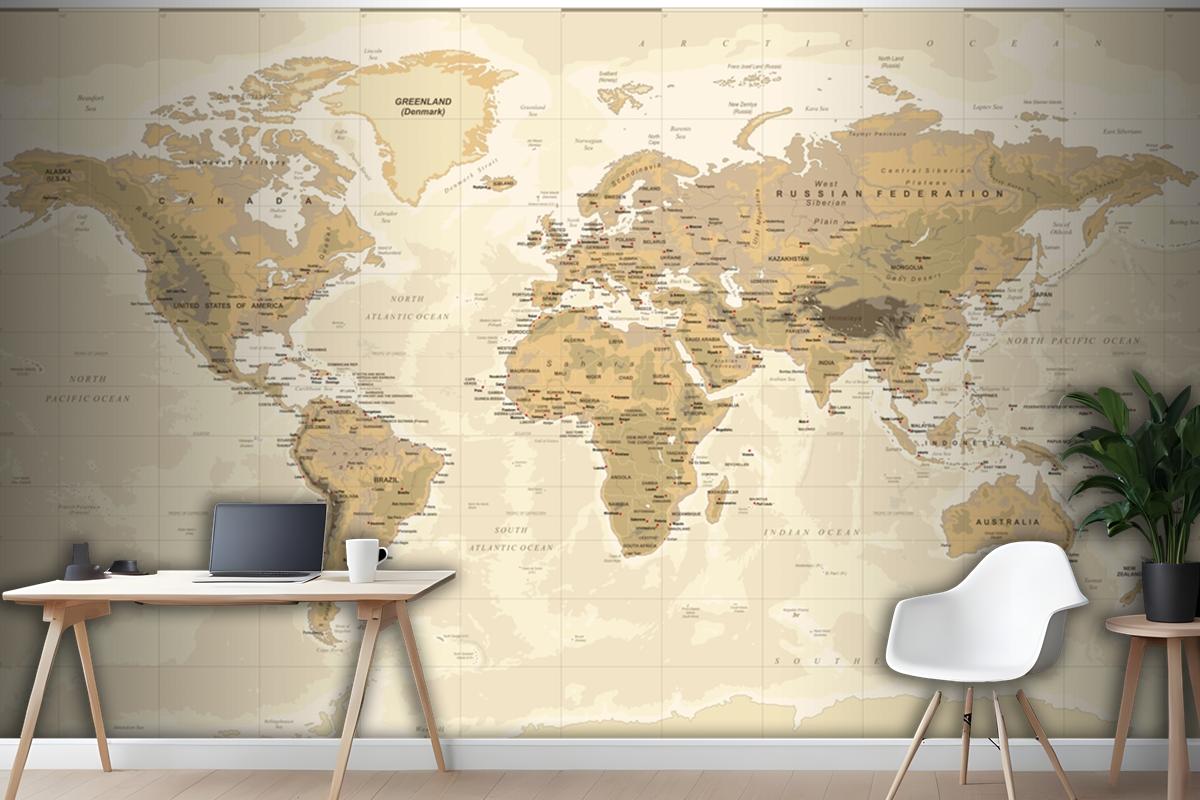 Vintage Physical World Map Wallpaper Mural