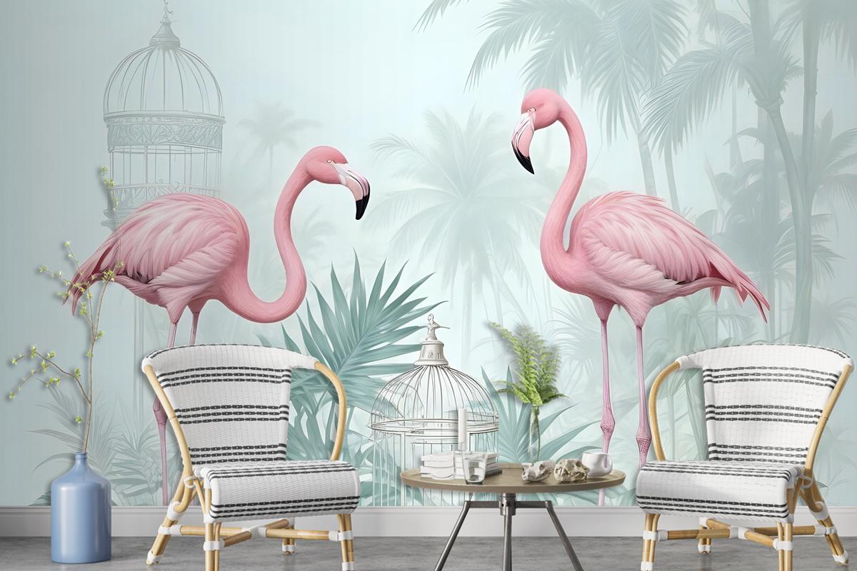 Vintage Pink Flamingo With Tropical Leaves Wallpaper Mural