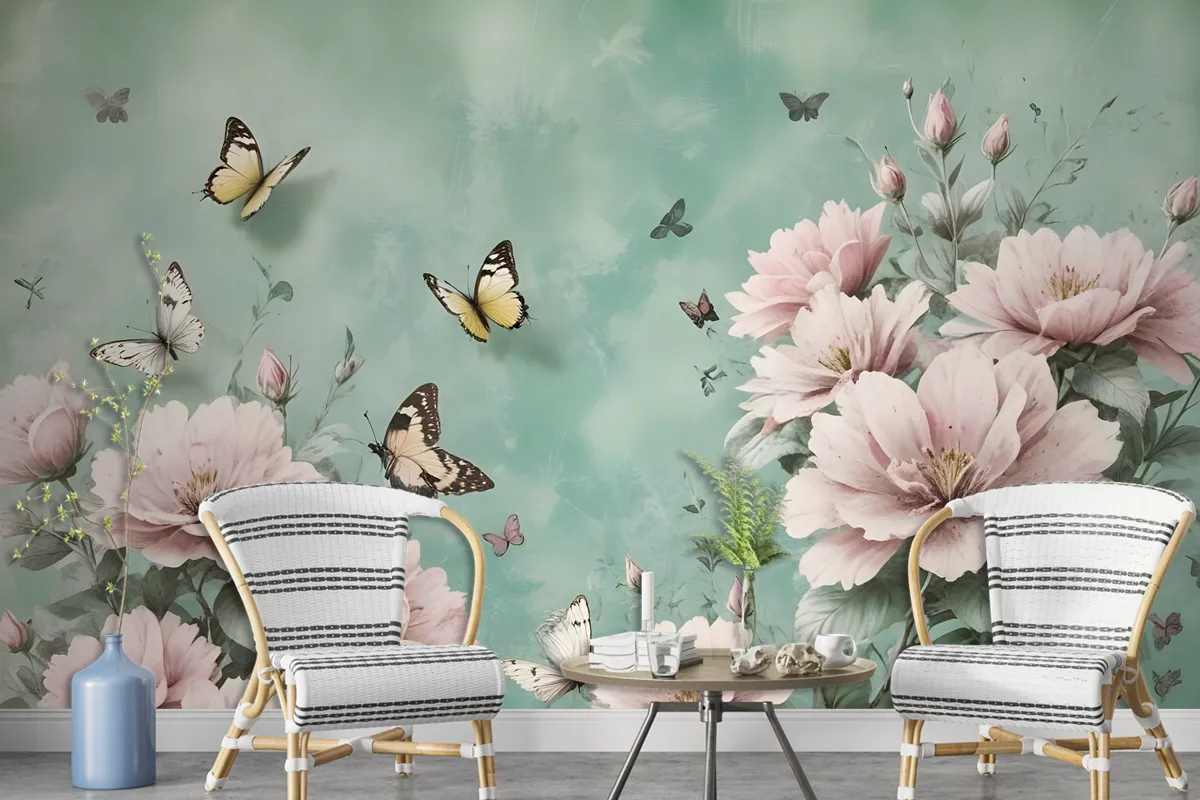 Vintage Pink Floral And Yellow Butterfly Wallpaper Mural