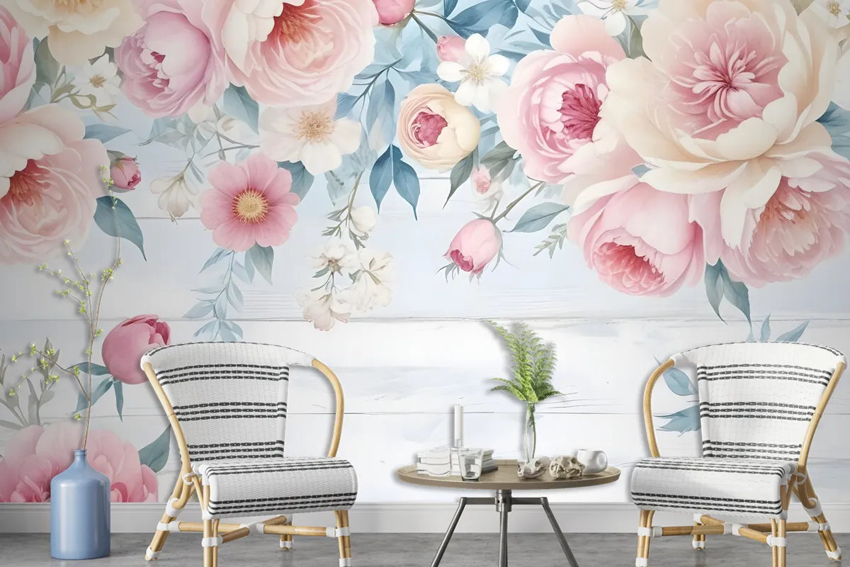 Vintage Watercolor Pink Flowers Wallpaper Mural