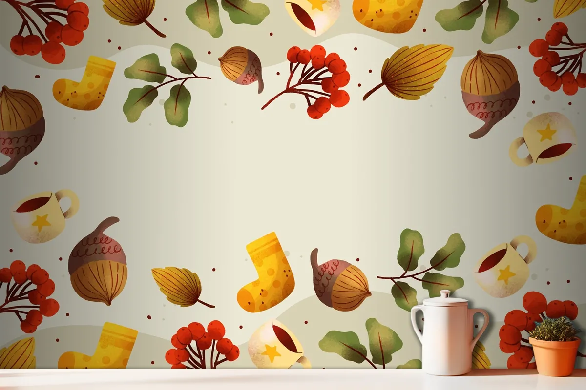 Watercolor Autumn Kitchen Wallpaper Mural