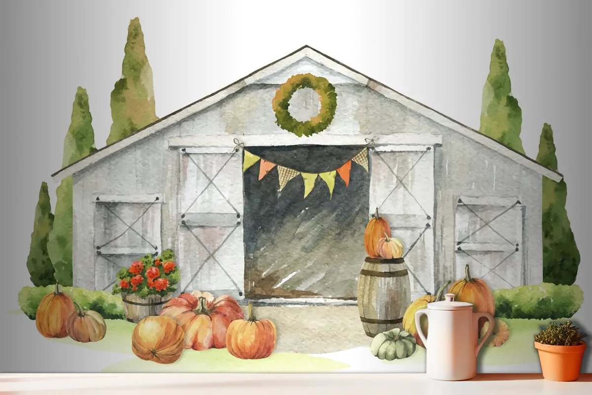 Watercolor Autumn Wooden Barn Pumpkin Harvest Wallpaper Mural