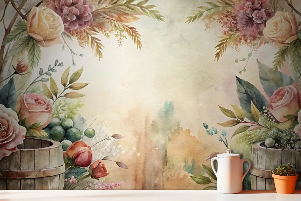 Watercolor Background Featuring An Arrangement Of Rural Flowers Wallpaper Mural