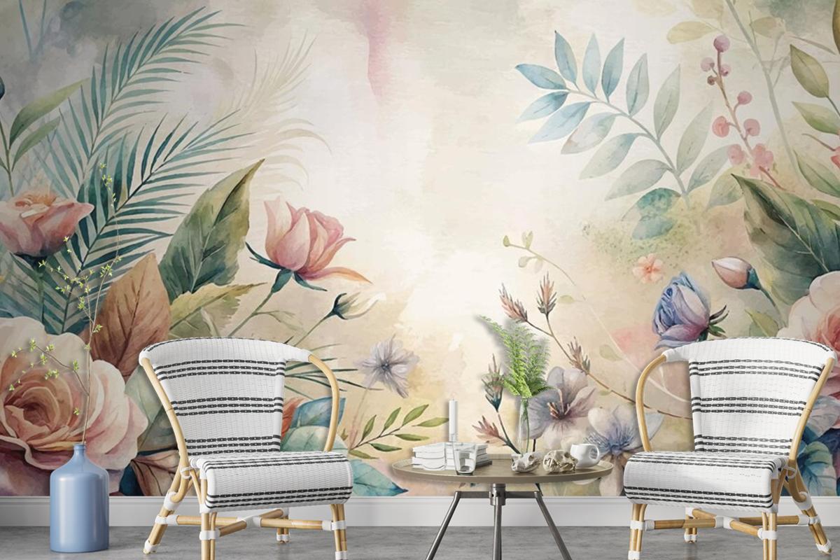 Watercolor Background Featuring Beautiful Flowers Wallpaper Mural