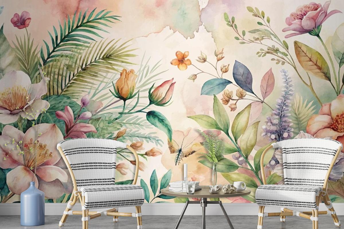 Watercolor Background Featuring Flowers And Lush Plants Wallpaper Mural