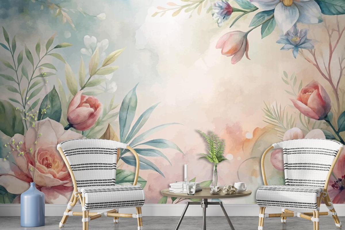 Watercolor Background Of Lush Flowers And Leaves Wallpaper Mural