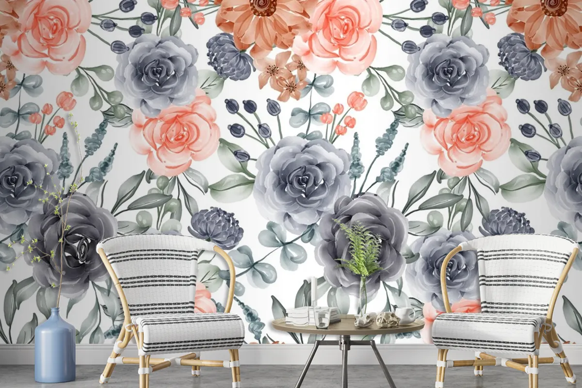 Watercolor Background Seamless Pattern Flower Navy And Peach Wallpaper Mural