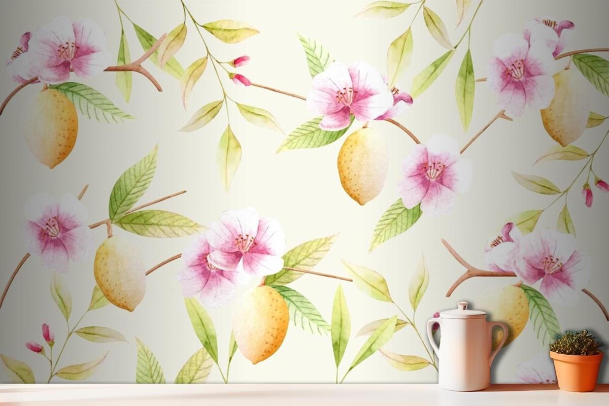 Watercolor Background With Florals Kitchen Wallpaper Mural