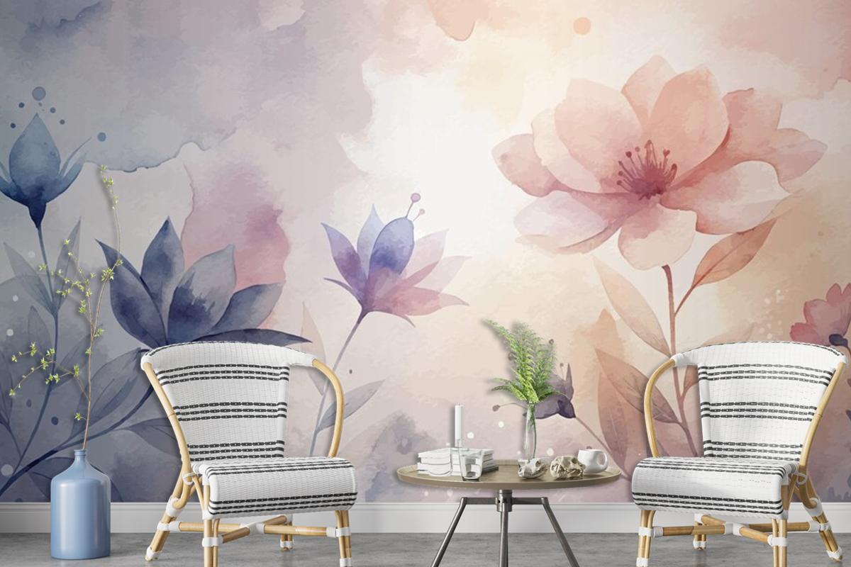 Watercolor Background With Minimalist Soft Silhouette Flowers Wallpaper Mural