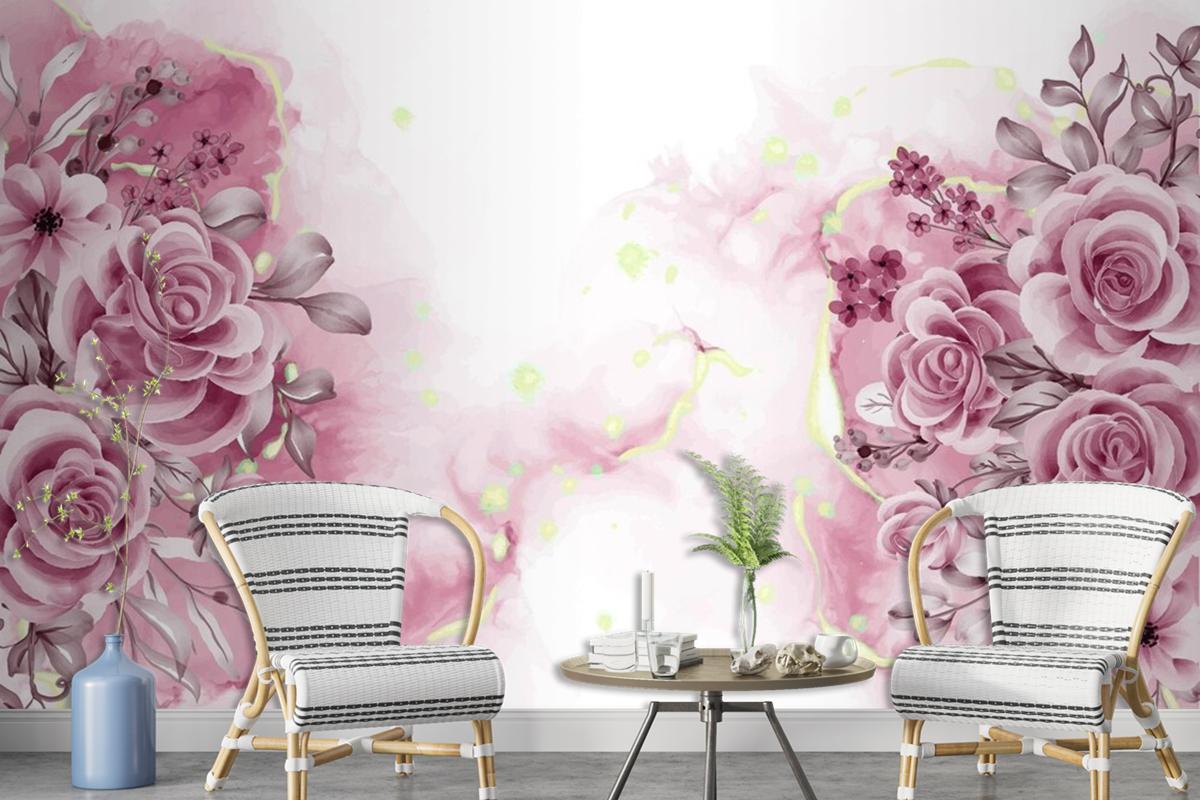 Watercolor Background With Rose Gold Flowers And Leaves Wallpaper Mural