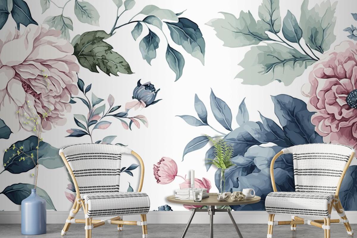 Watercolor Blue And Pink Floral Pattern Wallpaper Mural