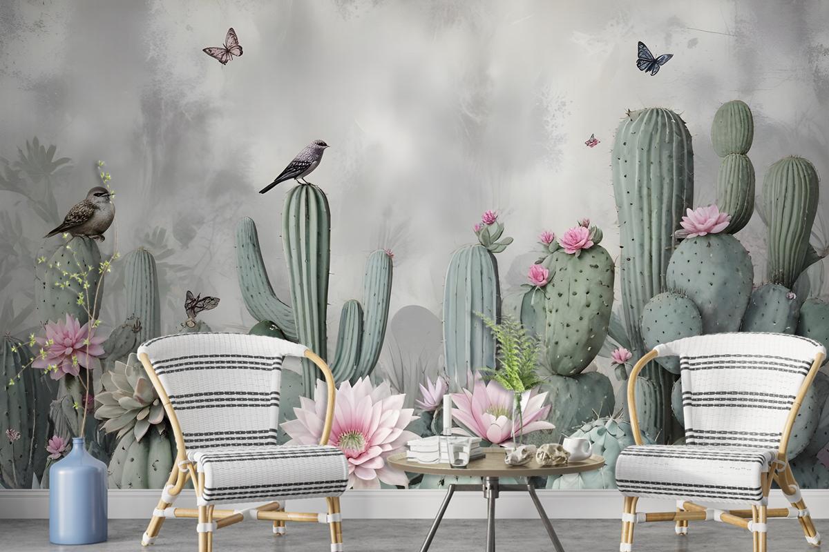 Watercolor Cactus With Flowers Wallpaper Mural