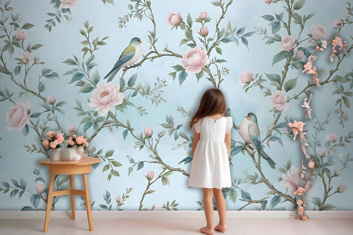 Watercolor Chinoiserie Floral Peony Blossom Wallpaper Mural