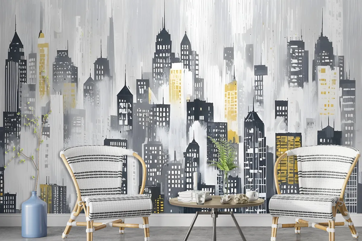 Watercolor City Silhouette Wallpaper Mural