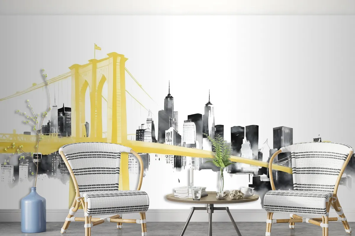 Watercolor City With Brooklyn Bridge Wallpaper Mural