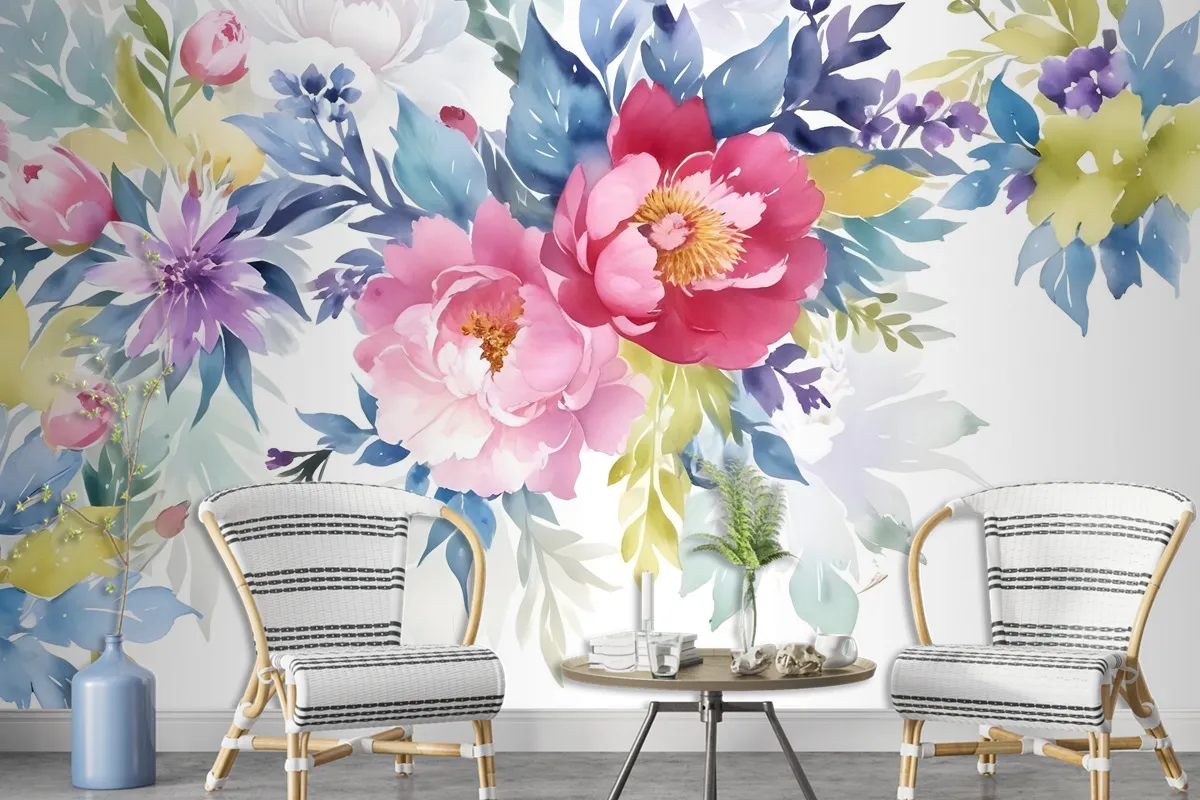 Watercolor Colorful Peony Flowers Wallpaper Mural