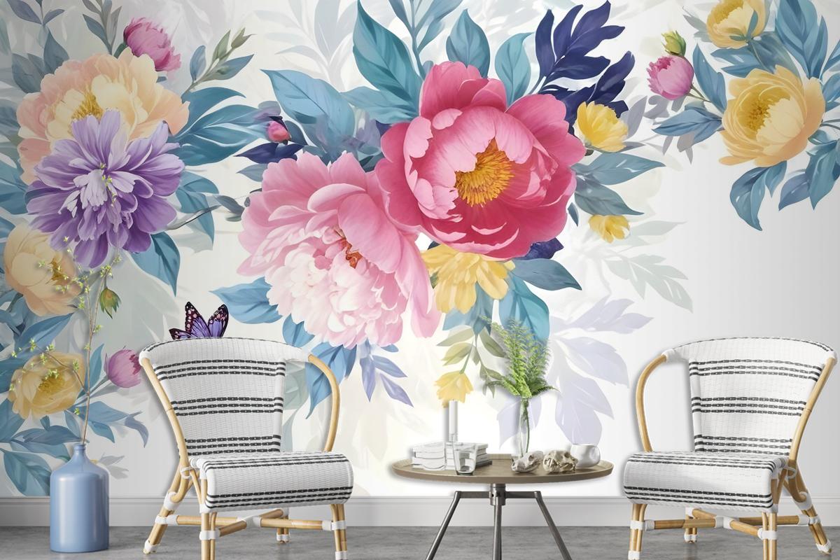 Watercolor Colorful Peony Flowers Wallpaper Mural