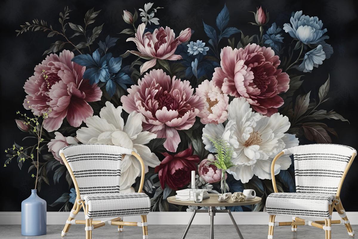 Watercolor Dark Peony Floral Wallpaper Mural