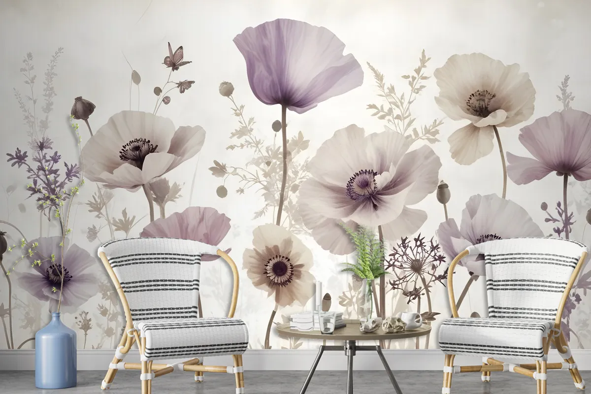 Watercolor Dark Poppy Flowers Wallpaper Mural