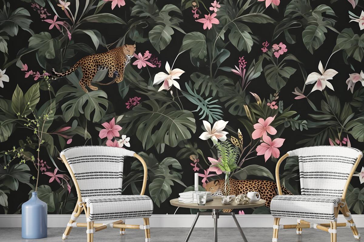 Watercolor Dark Tropical Art With Leopard Wallpaper Mural