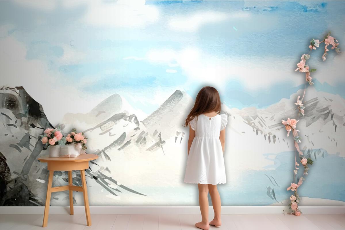 Watercolor Daytime Mountains Background Wallpaper Mural