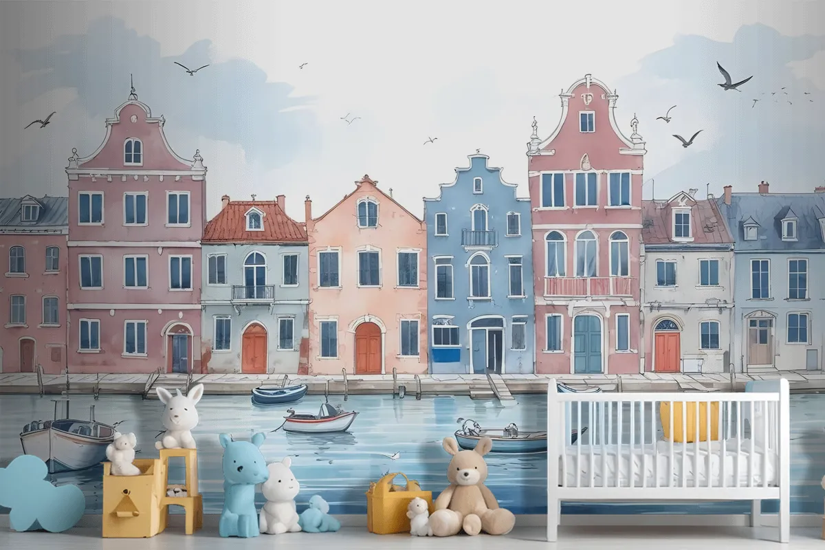 Watercolor Dutch Houses Wallpaper Mural For Kids