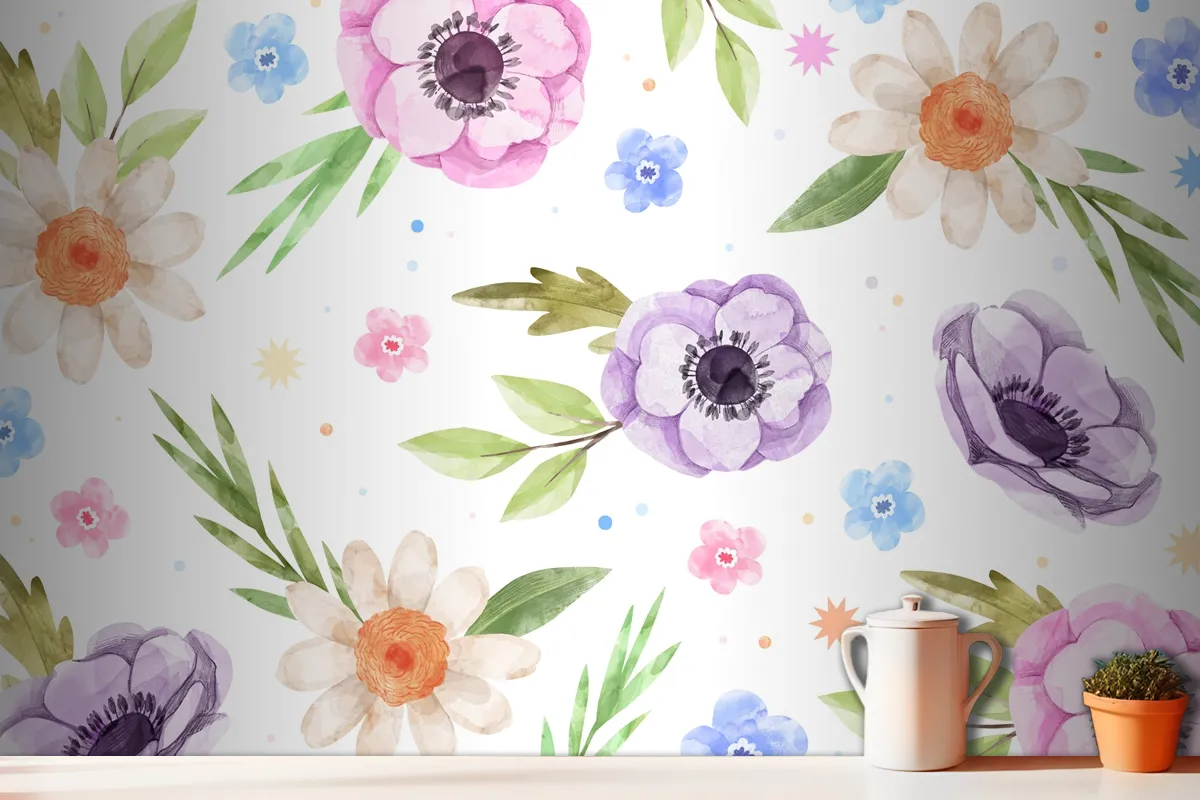 Watercolor Floral Kitchen Wallpaper Mural