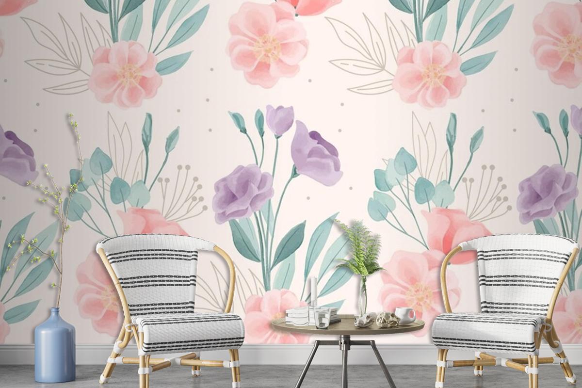 Watercolor Floral Motif Pattern Wallpaper Mural