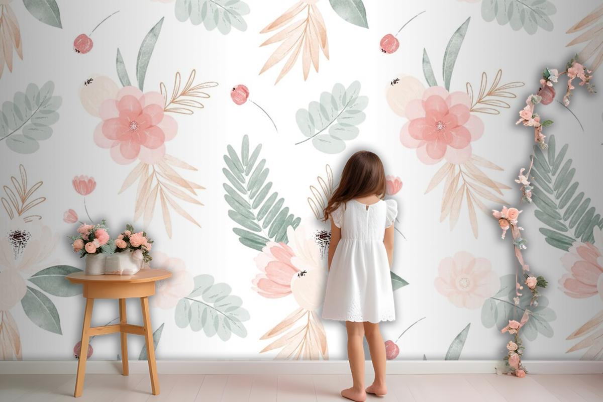 Watercolor Flowers Illustration Background Girl Wallpaper Mural