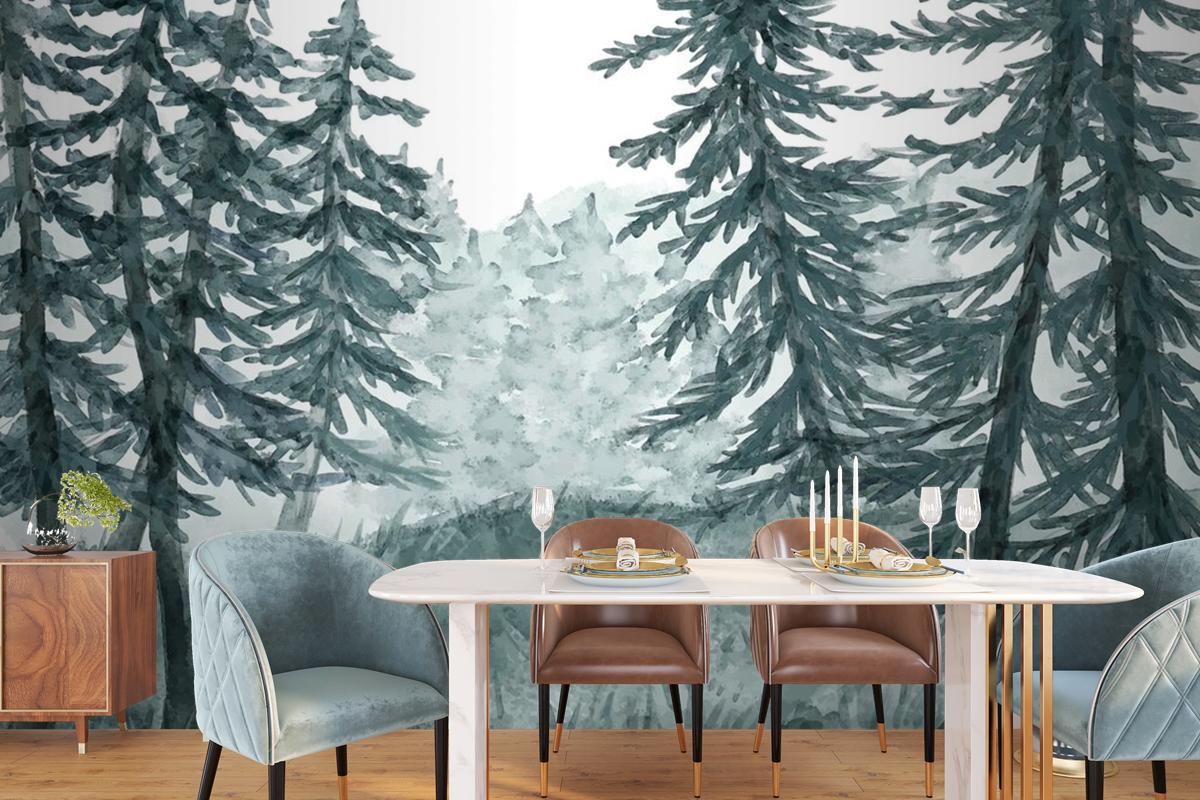 Watercolor Forest Landscape Dining Room Wallpaper Mural