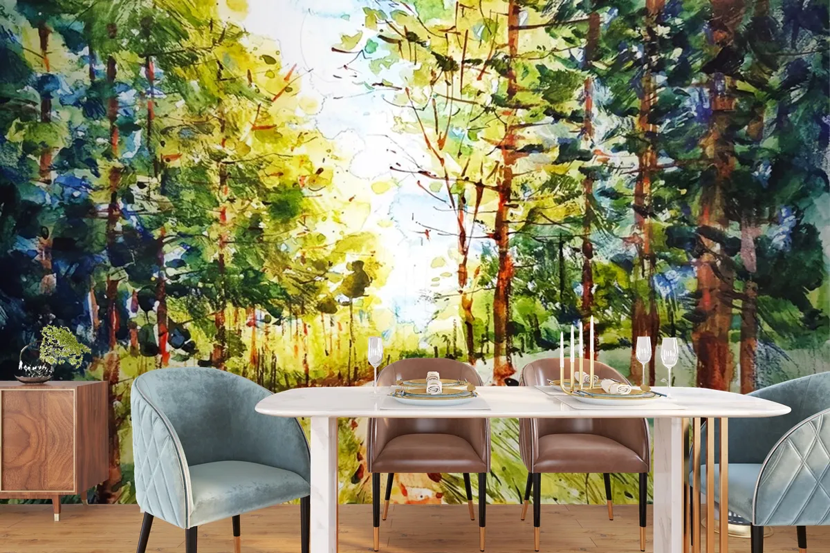 Watercolor Forest Landscape Wallpaper Mural