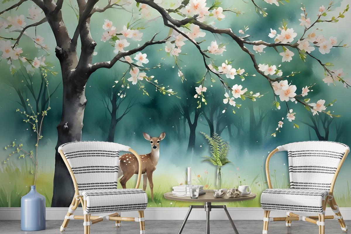 Watercolor Forest With Peach Blossom Wallpaper Mural