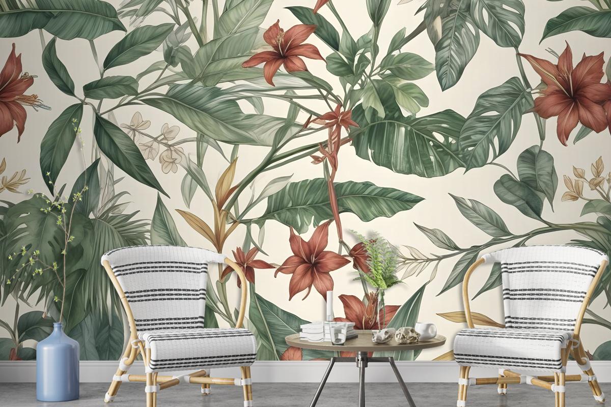 Watercolor Green Tropical Leaves Wallpaper Mural