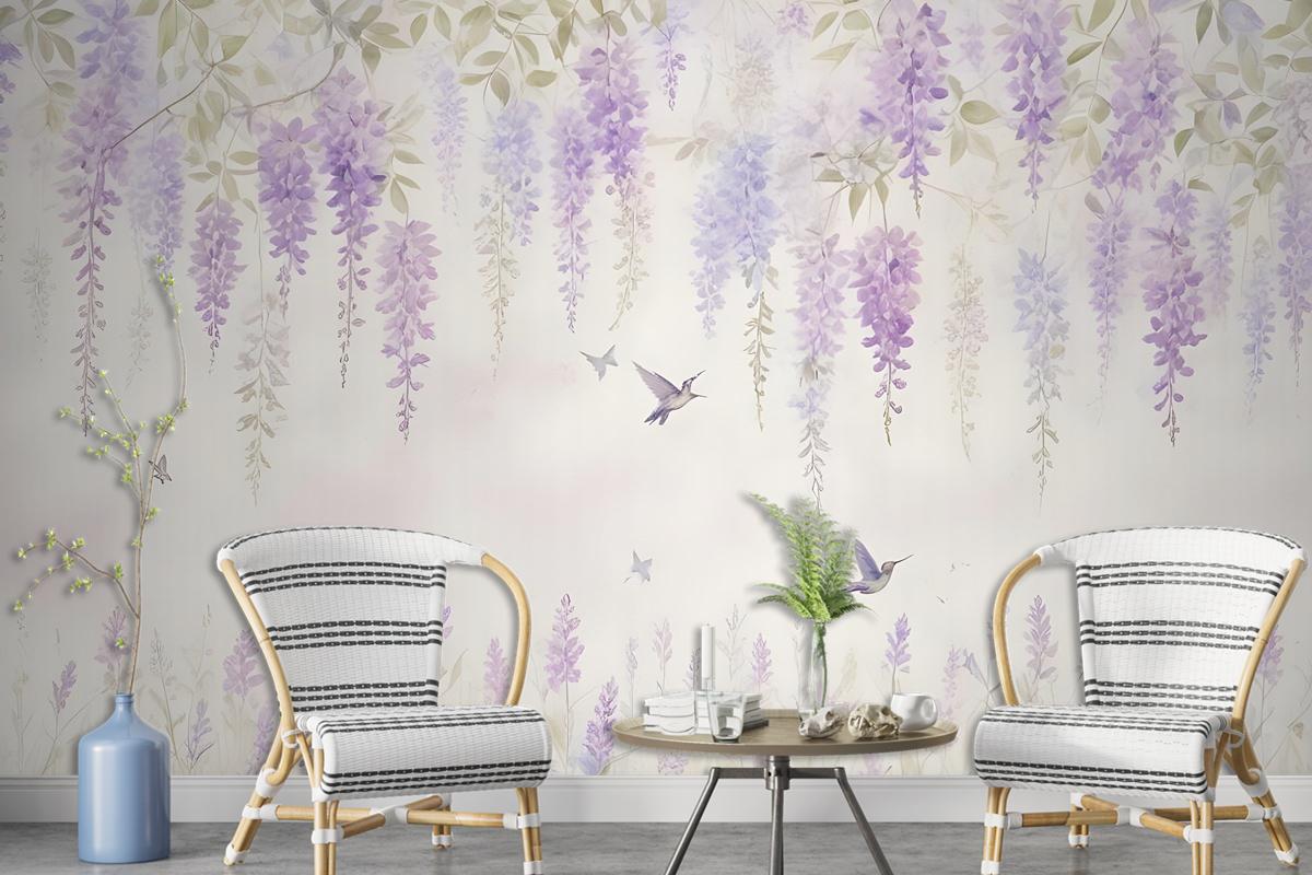 Watercolor Hanging Wisteria Flowers With Hummingbirds Wallpaper Mural