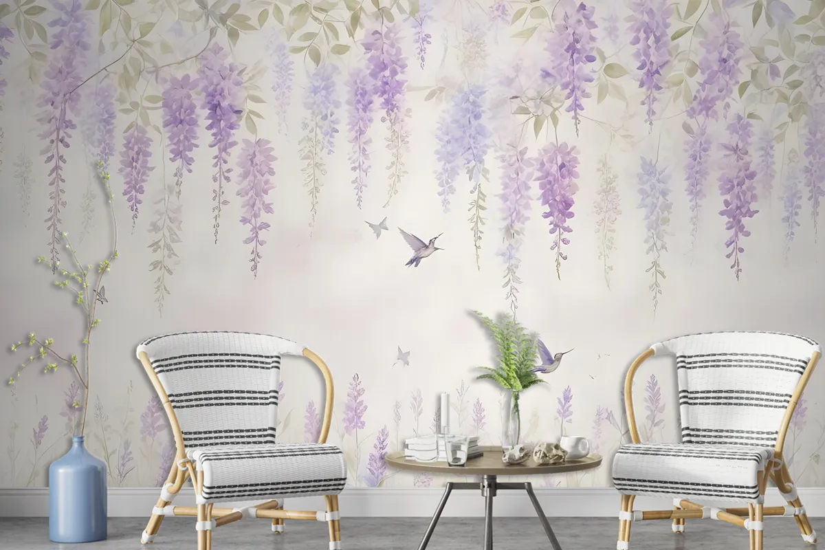 Watercolor Hanging Wisteria Flowers With Hummingbirds Wallpaper Mural