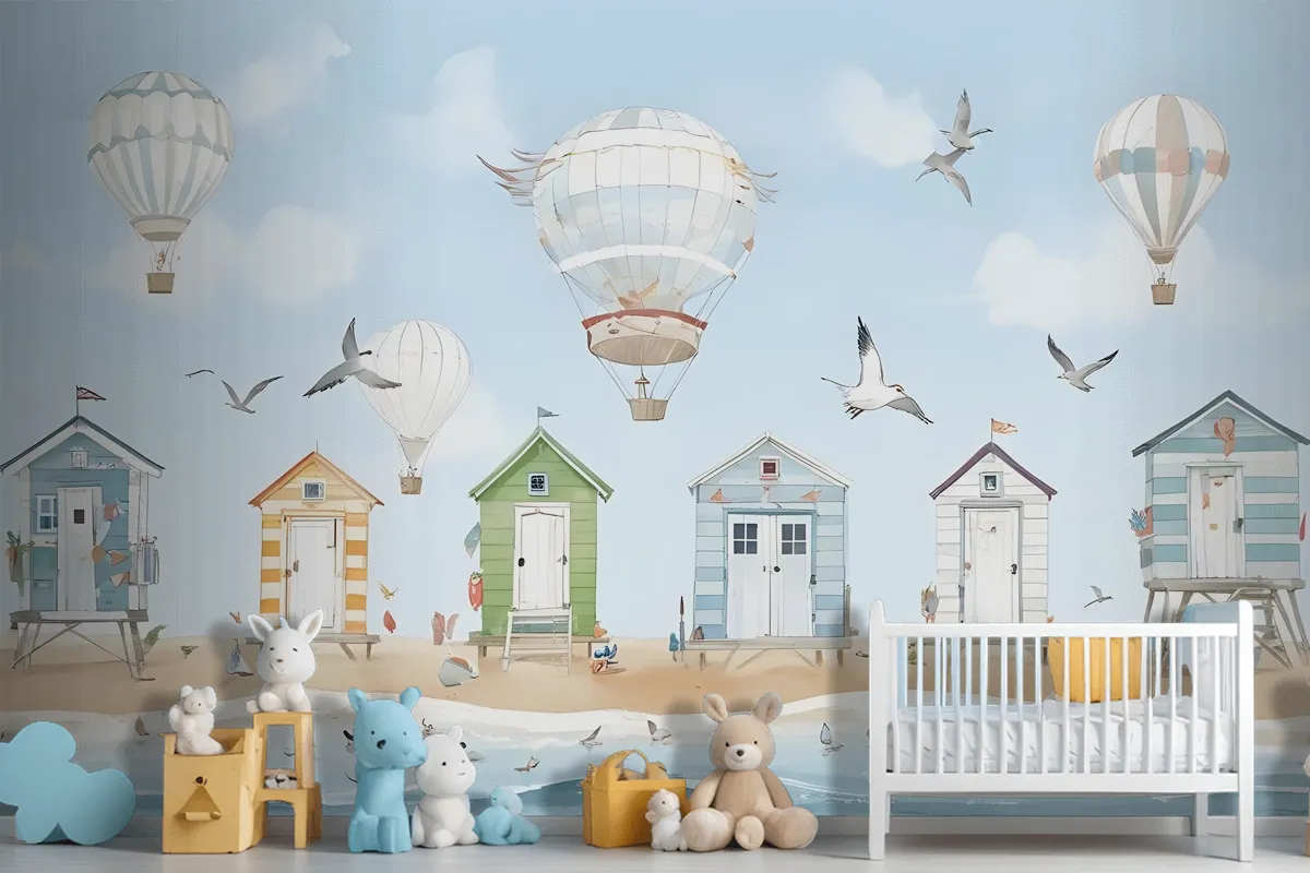 Watercolor Kids Beach House With Hot Air Balloons