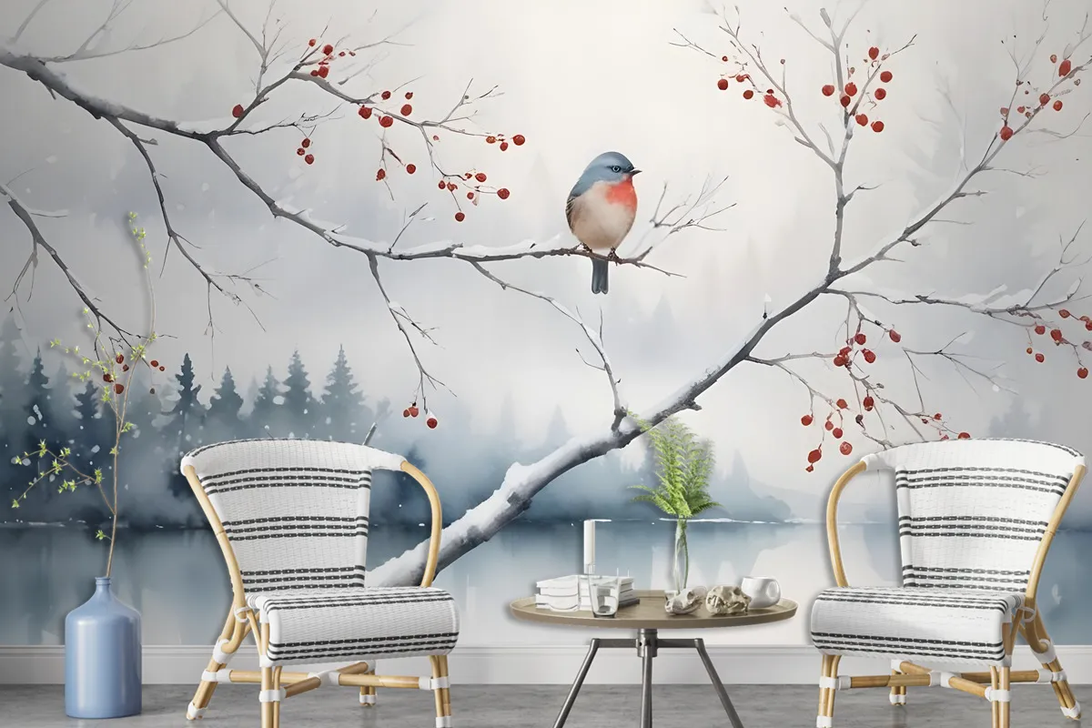 Watercolor Lake Landscape With Birds Wallpaper Mural