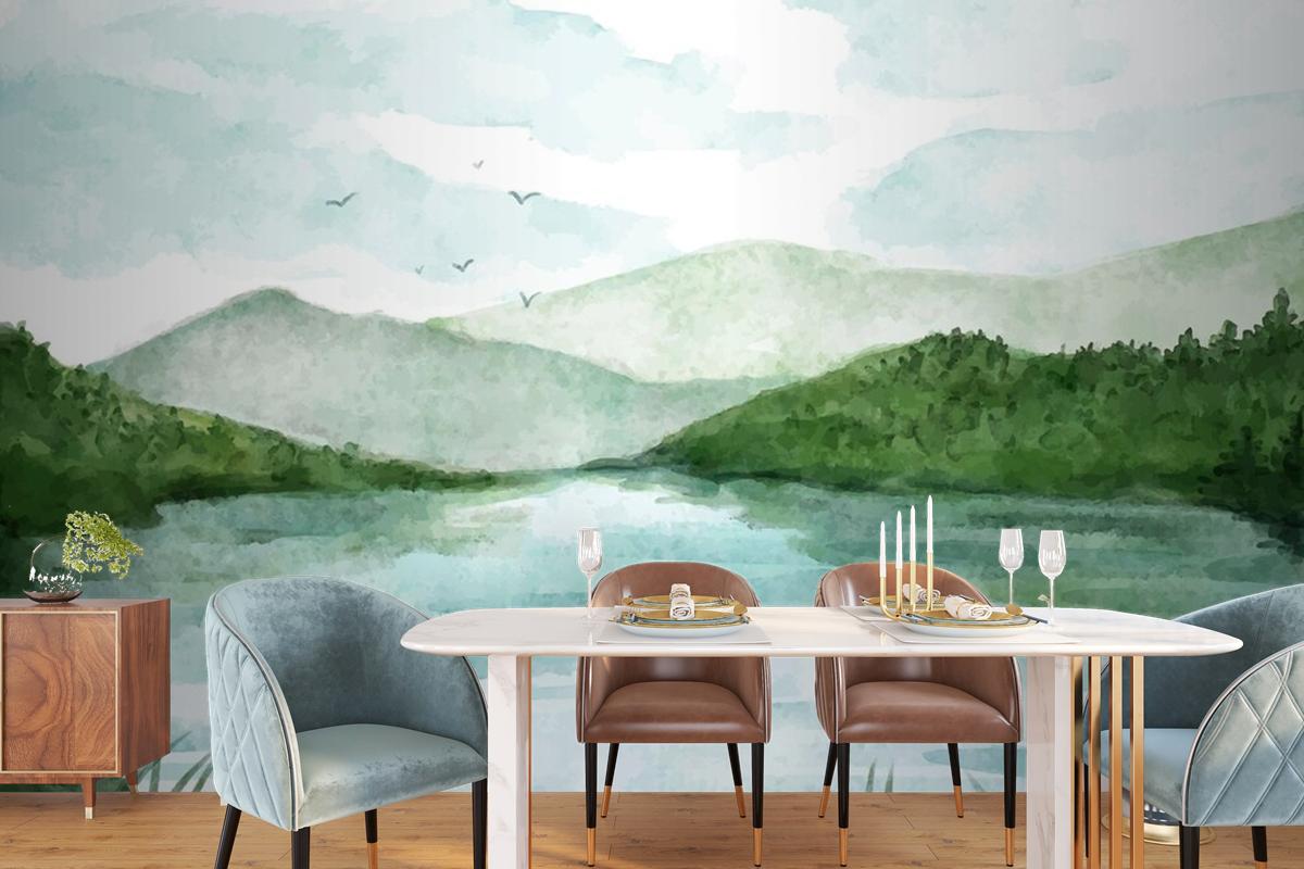 Watercolor Lake Scenery Wallpaper Mural