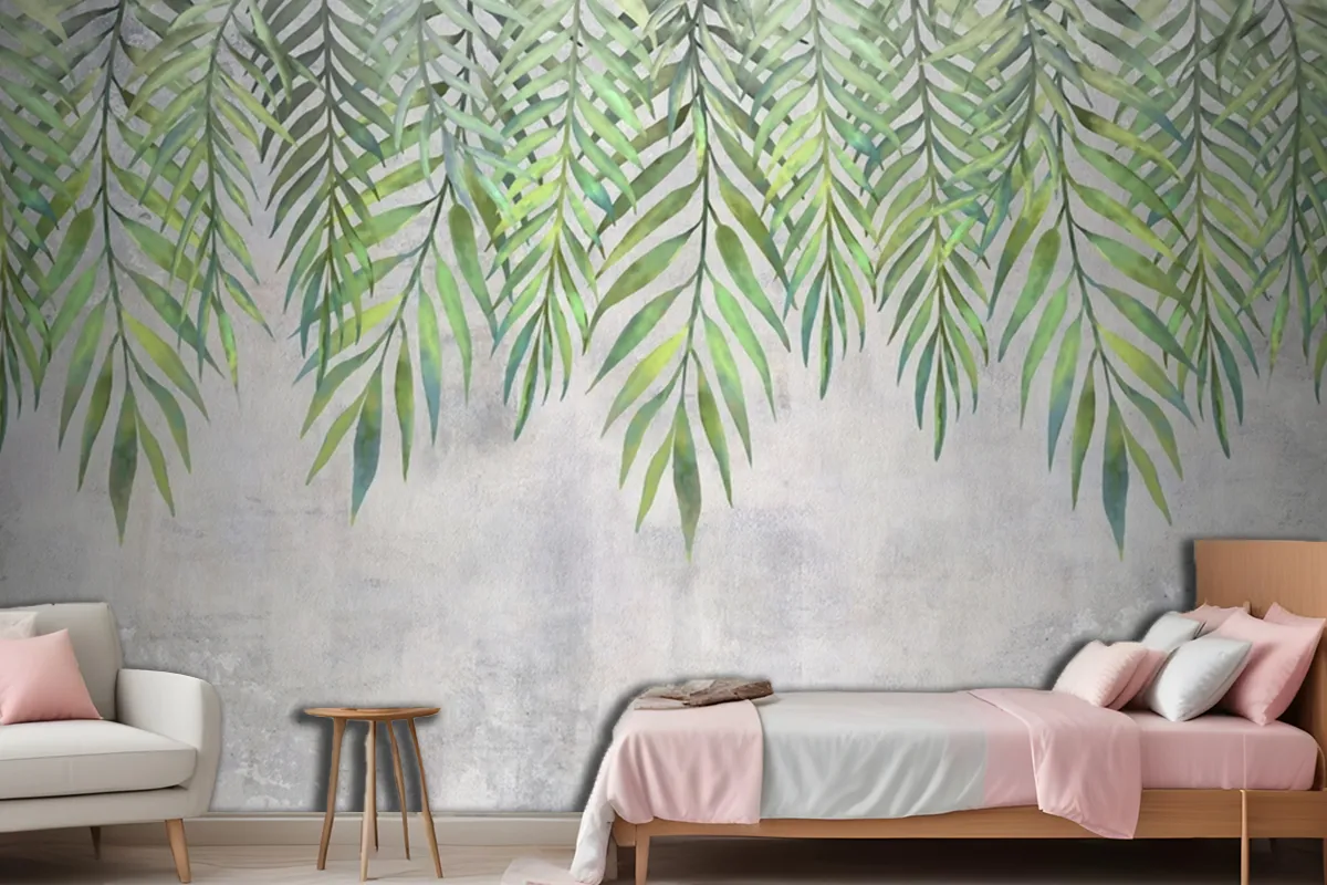 Watercolor Leaves Hanging From Above Wallpaper Mural