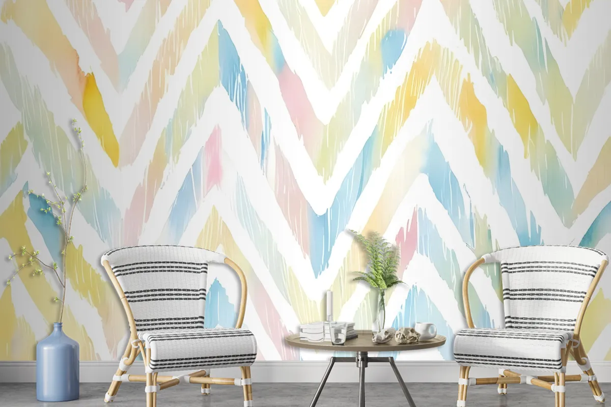 Watercolor Multicolor Chevron Ikat Design Art Wallpaper Mural