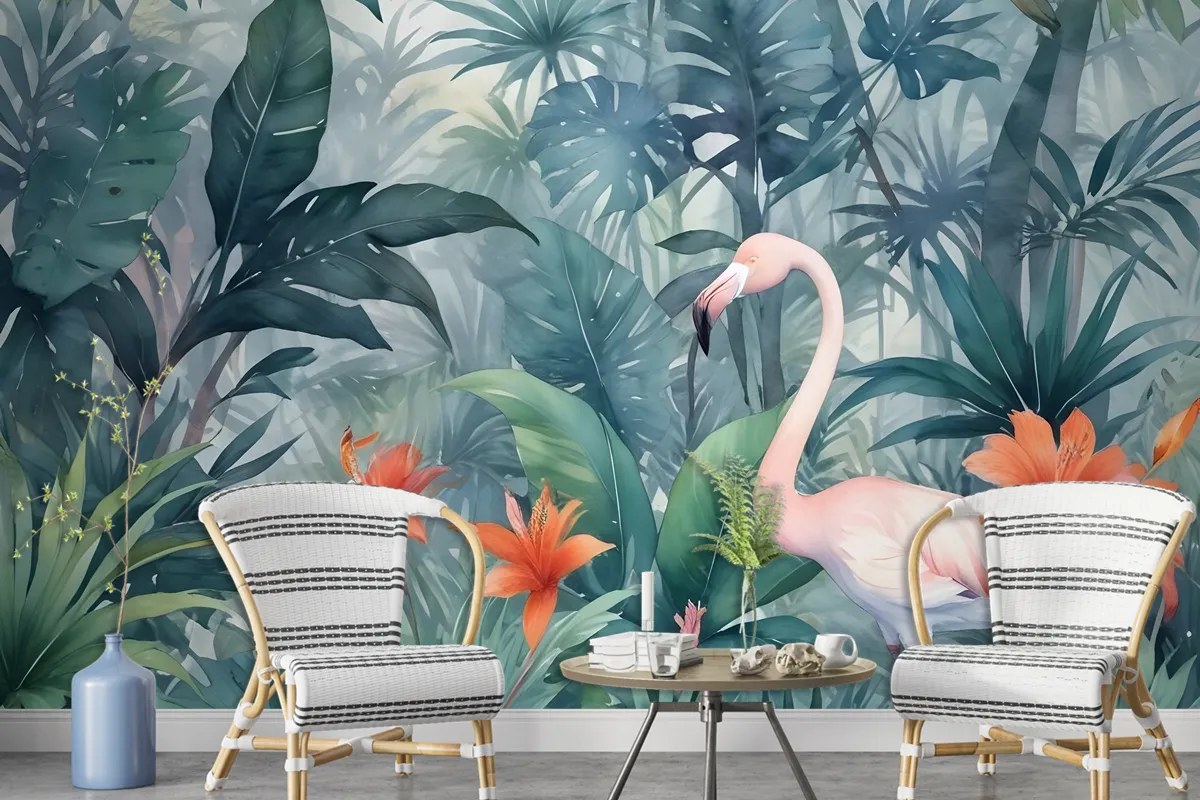 Watercolor Painting Forest And Storks Wallpaper Mural