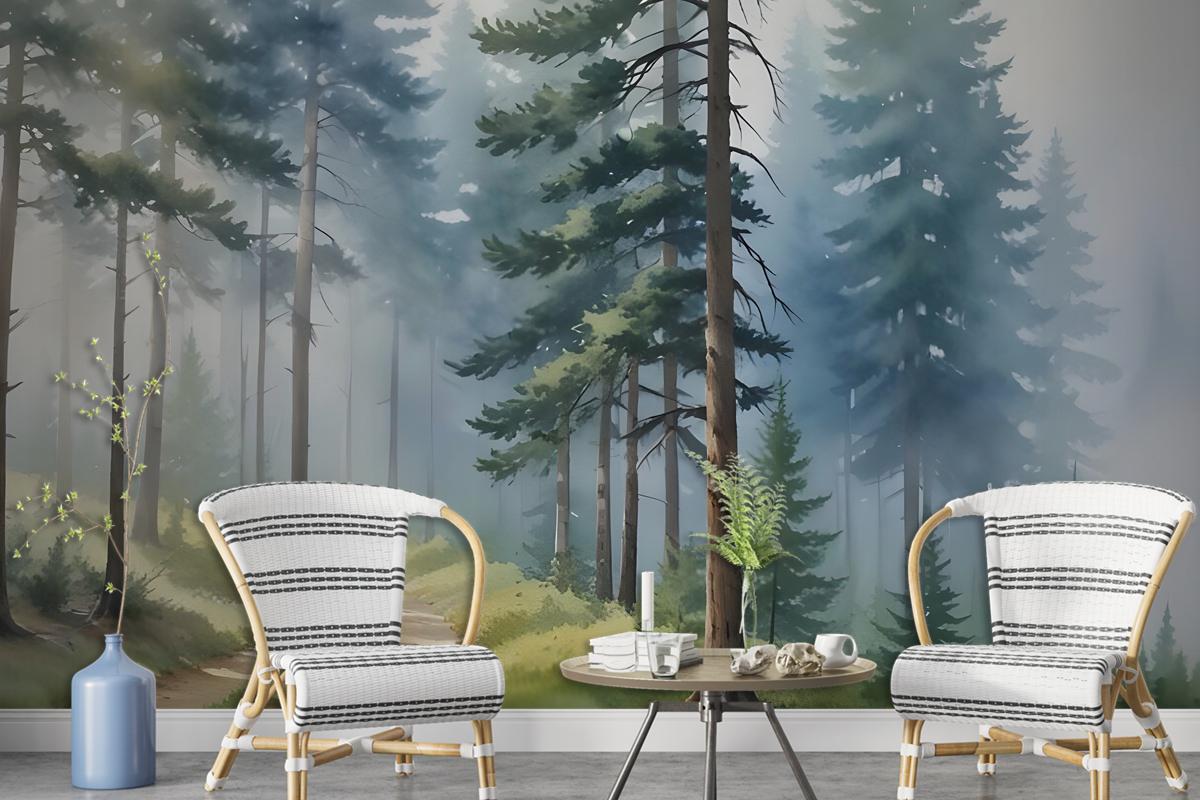 Watercolor Painting Misty Forestscape Wallpaper Mural