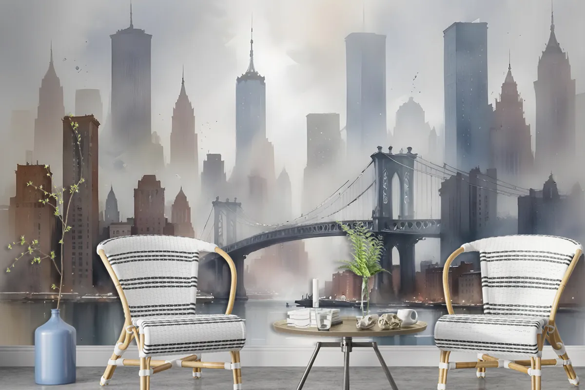 Watercolor Painting New York City Landscape Wallpaper Mural