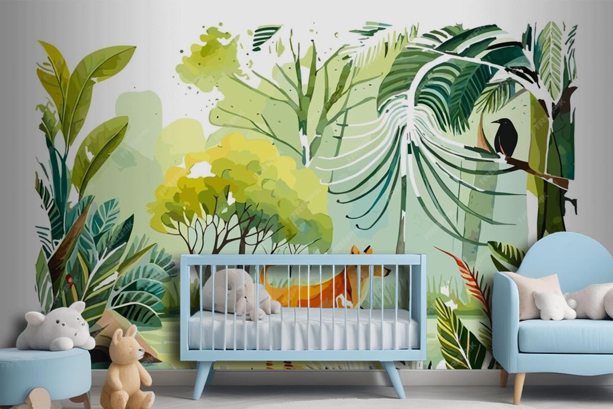 Watercolor Painting Of A Dog And A Bird In A Jungle Wallpaper Mural