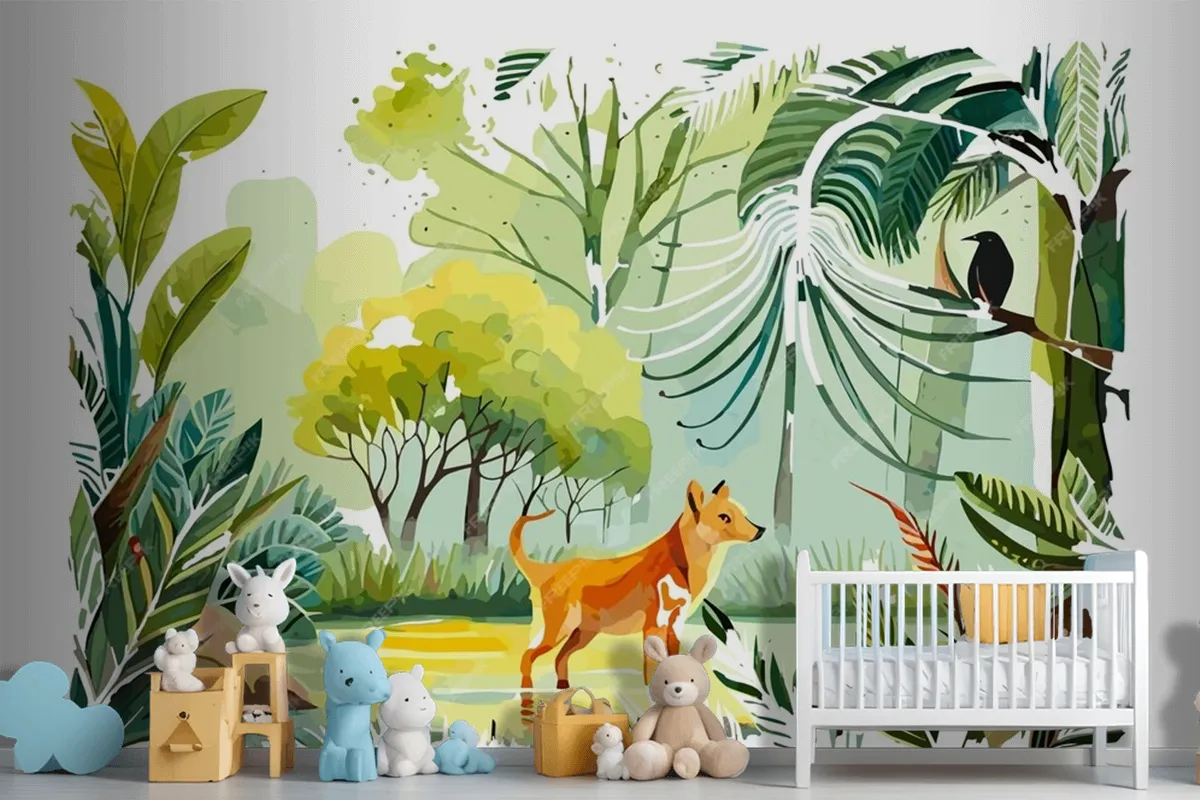 Watercolor Painting Of A Dog And A Bird In A Jungle Wallpaper Mural