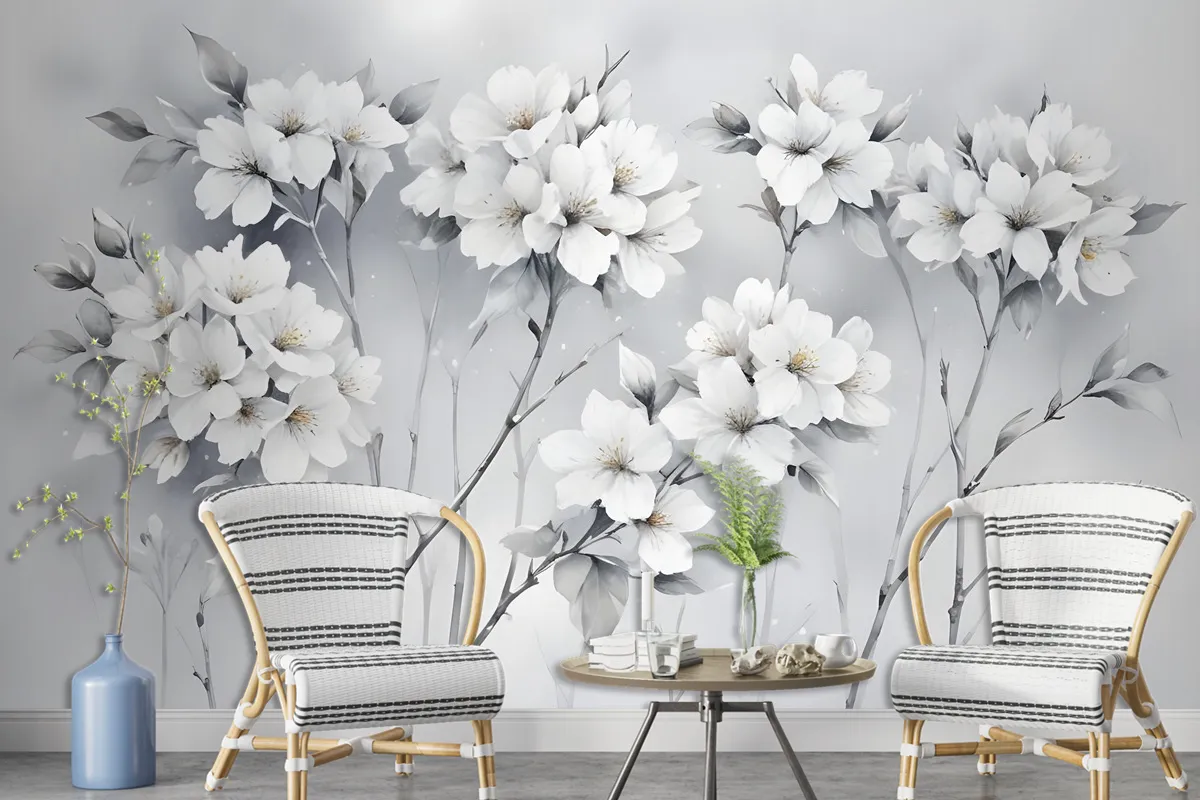 Watercolor Painting White Flowers Wallpaper Mural