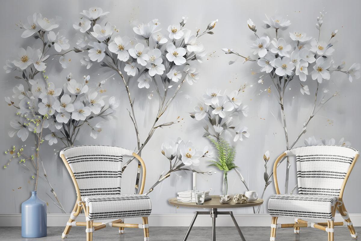 Watercolor Painting White Flowers Wallpaper Mural