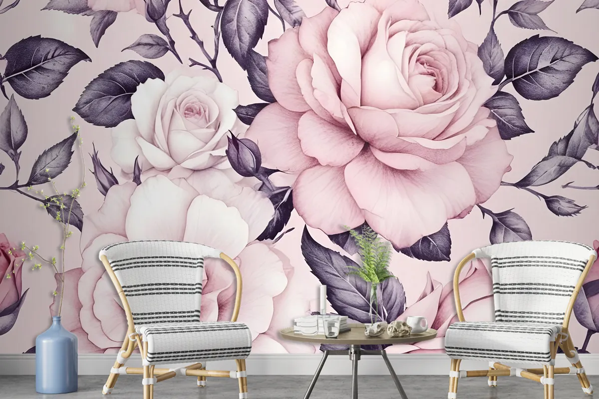 Watercolor Pink Floral Pattern Wallpaper Mural