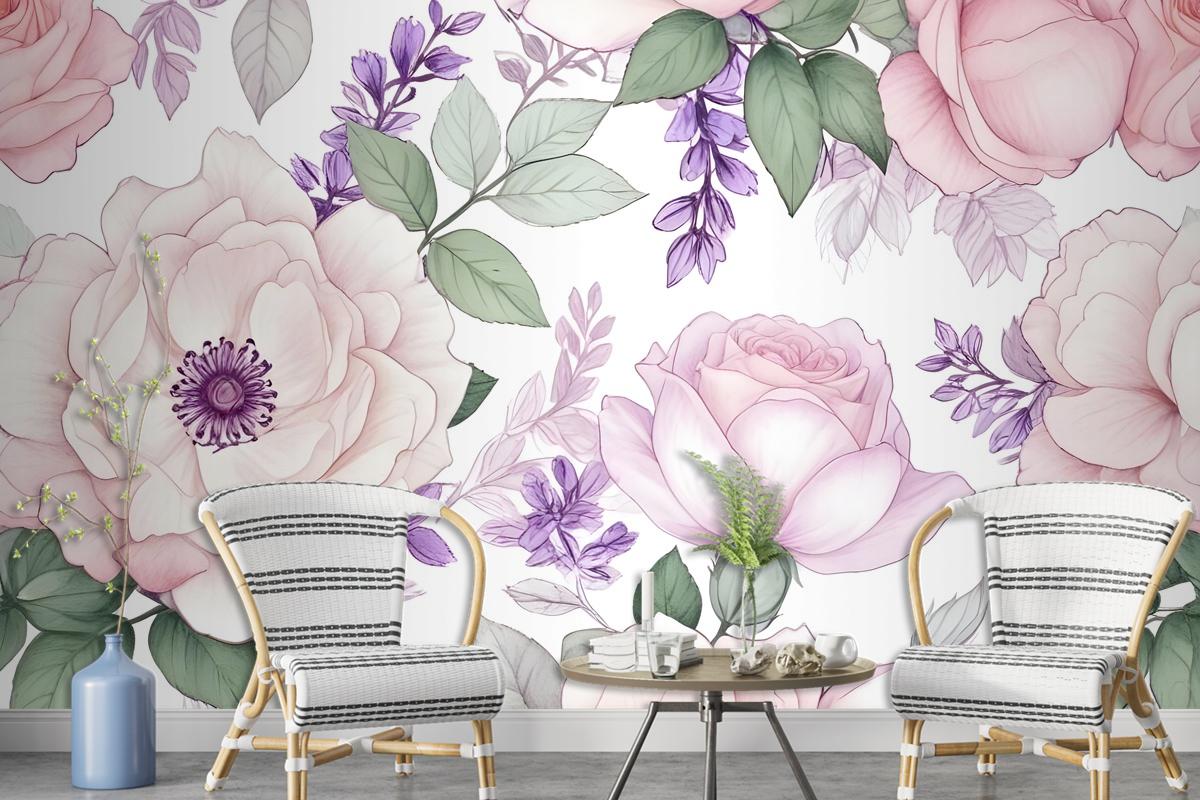 Watercolor Pink Floral Pattern With Wisteria Wallpaper Mural