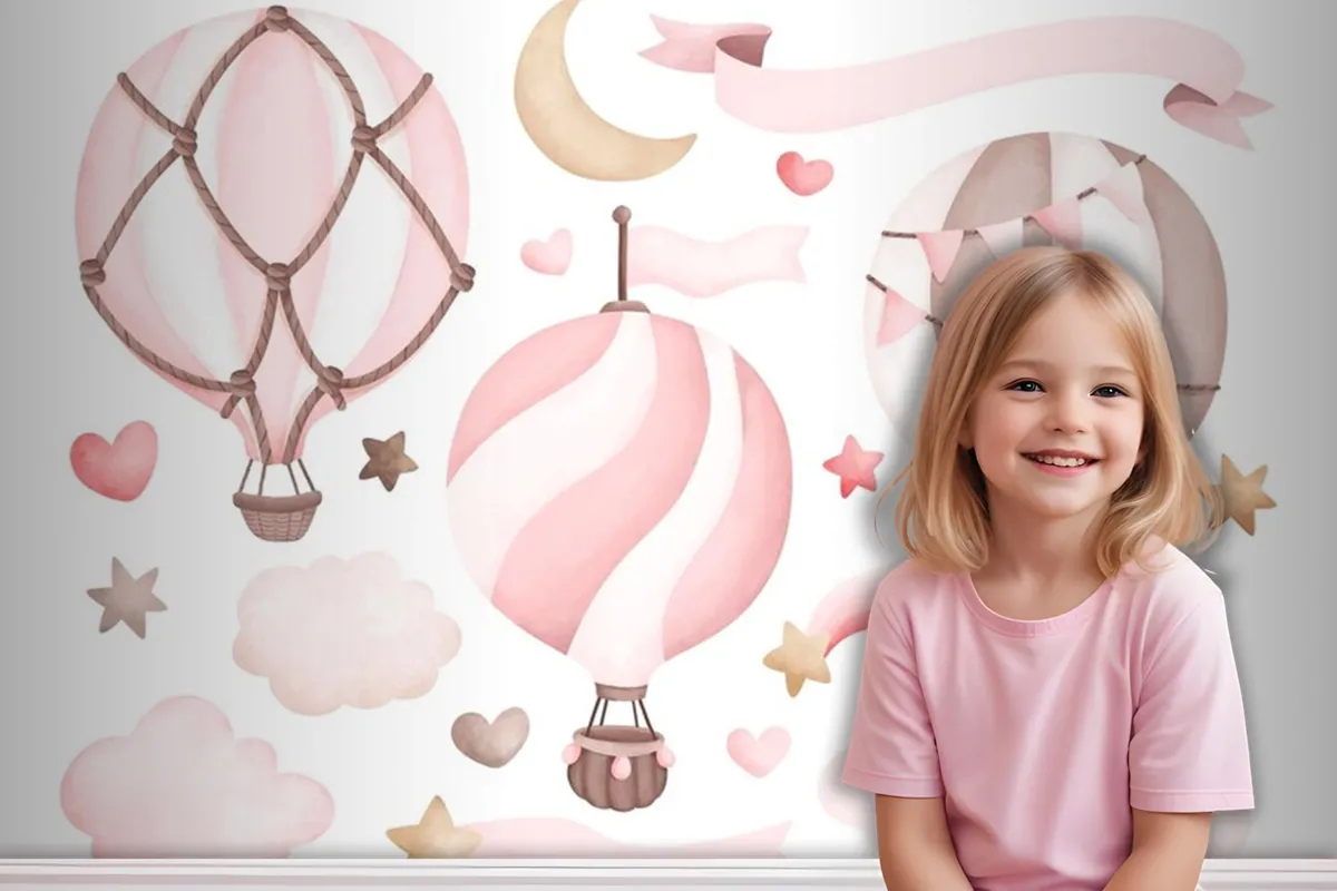 Watercolor Pink Hot Air Balloon Wallpaper Mural